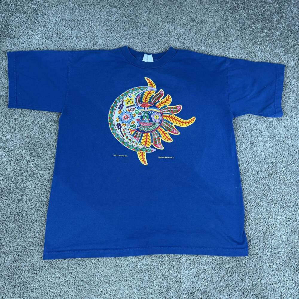 Vintage Iginio Bautista Moon Sun Shirt Mens Large Blue Arte Mexicano Graphic Tee